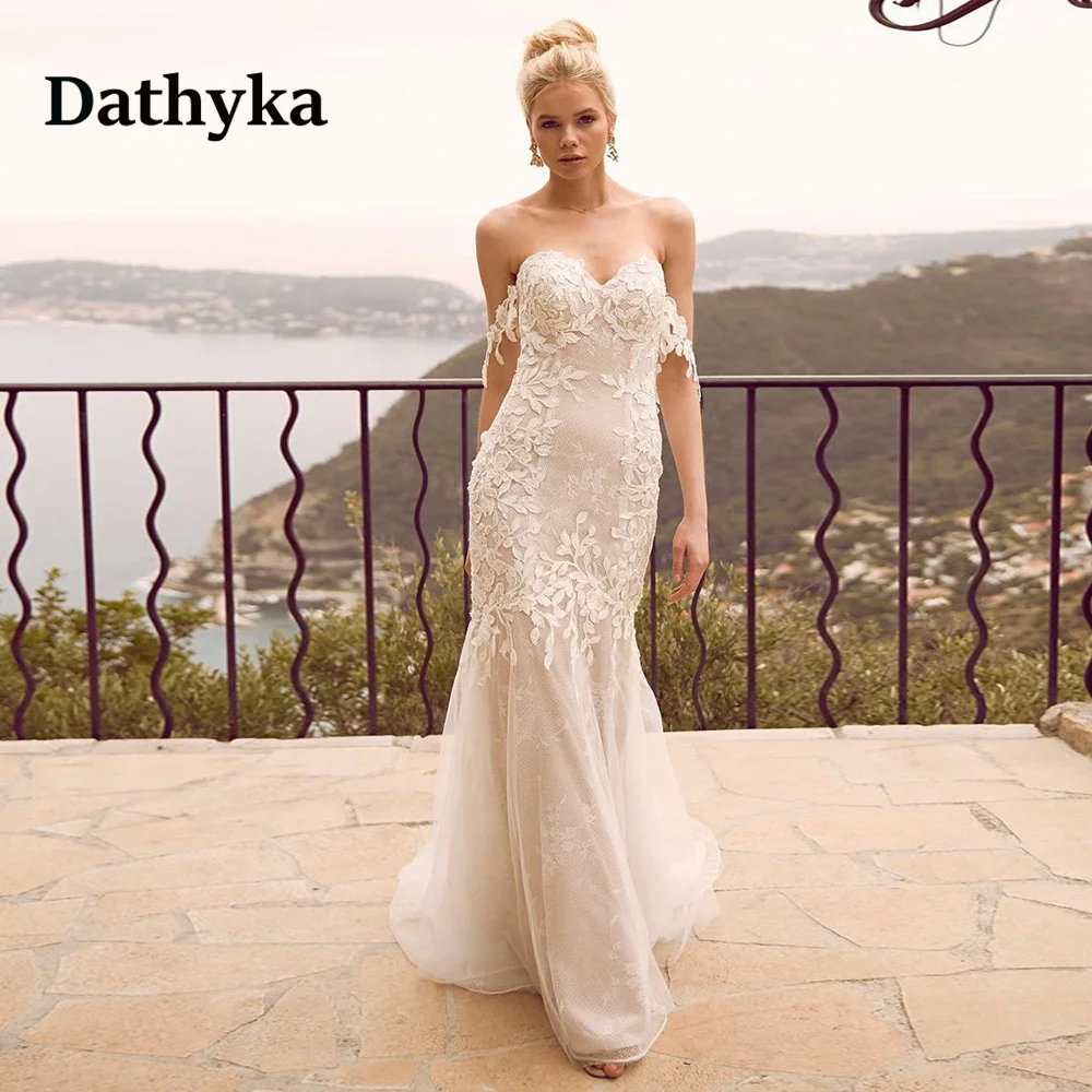 

Dathyka Luxury Trumpet Wedding Dress For Women 2023 Sweetheart Lace Appliques Button Wedding Gowns Vestidos De Novia Brautmode