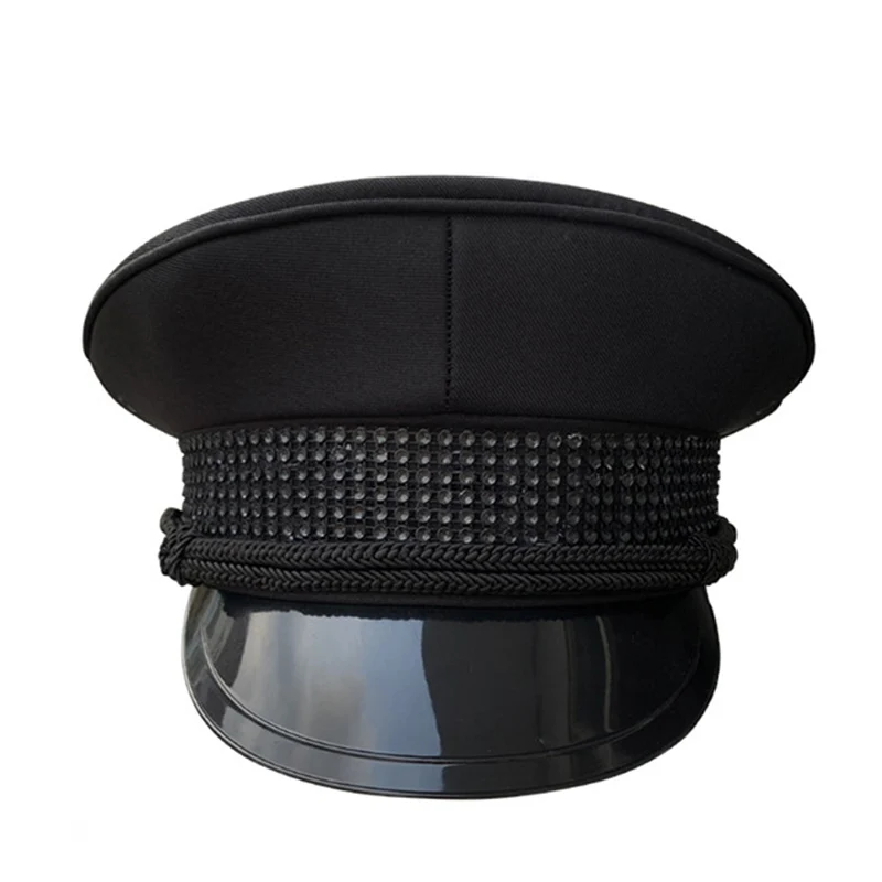 

Women Men Black Military Hat Police Sergeant Sailor Cap Prom Performance Bar Cosplay Show Captain Hat Party Cos Accessories