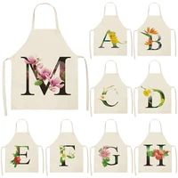 flower letter pattern kitchen apron for woman sleeveless cotton linen aprons cooking home cleaning tools baking accessories
