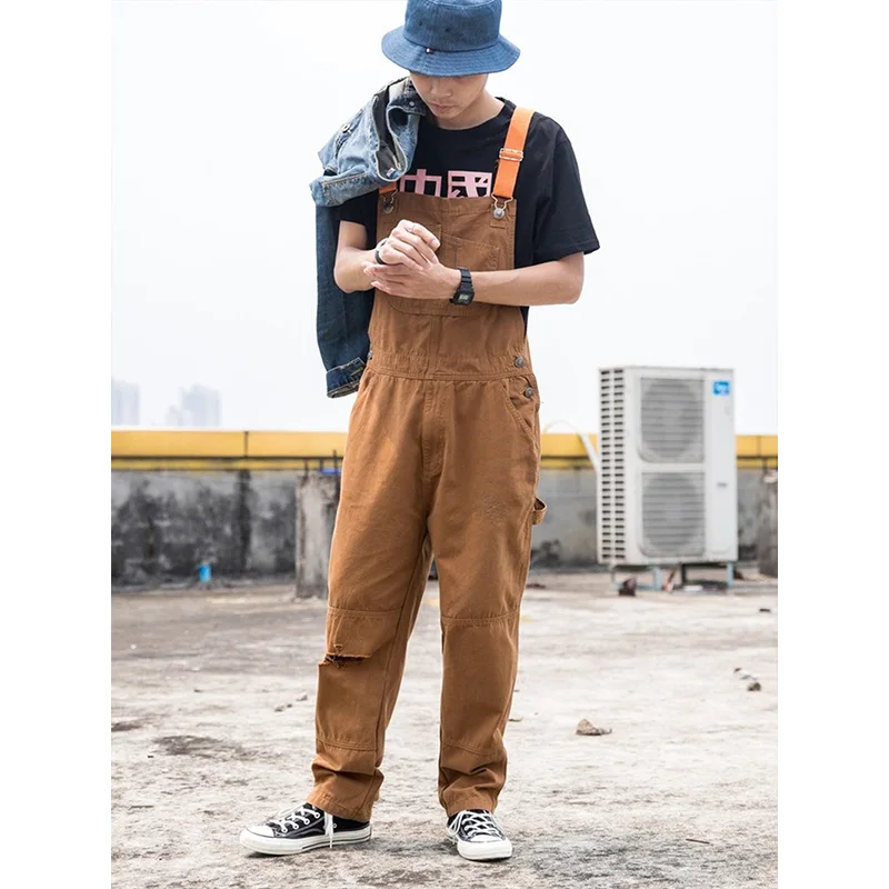 Men's Jeans Jumpsuit Denim Bib Pants Couple Hole Loose Straight One-piece Wide Leg Overalls Suspenders Rompers Ripped Jeans