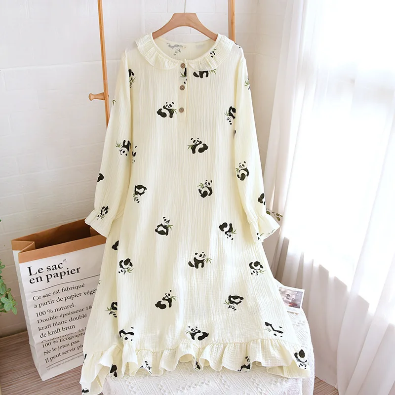 

2023 Весенняя Повседневная тонкая Милая Ночная рубашка из крепа, хлопковая длинная юбка, 100% ночная рубашка, женская домашняя пижама с пандой, длинная юбка