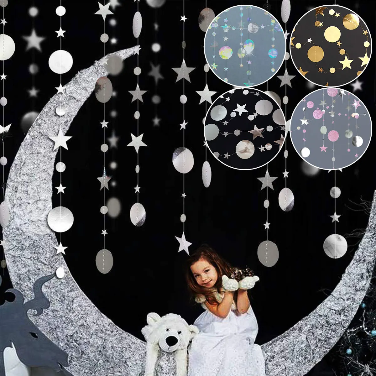 

10Pcs 4m Paper Star Round Garland Twinkle Little Star Party Garland Glitter Star Circle Dot Paper Garland Reusable Durable