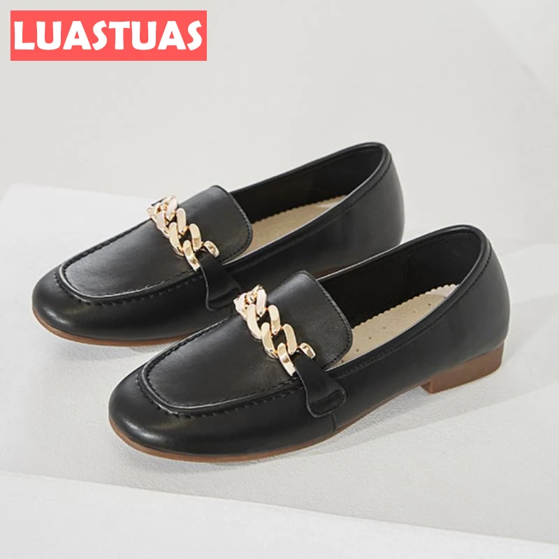 

LuasTuas New 2022 Women Flats Shoes Real Leather Metal Chain Fashion Ins Spring Shoes For Woman Fashion Footwear Size 35-40