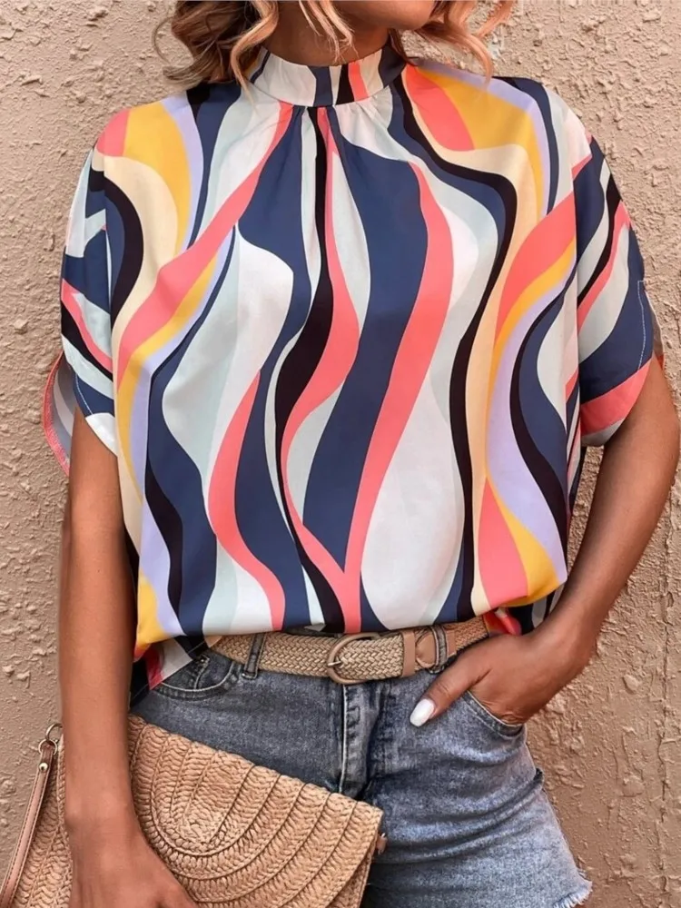 

Half High Collar Batwing Sleeve Shirt Blouse Office Lady Spring Summer Fashion Elegant Print Shirts For Women 2023 Female Tops