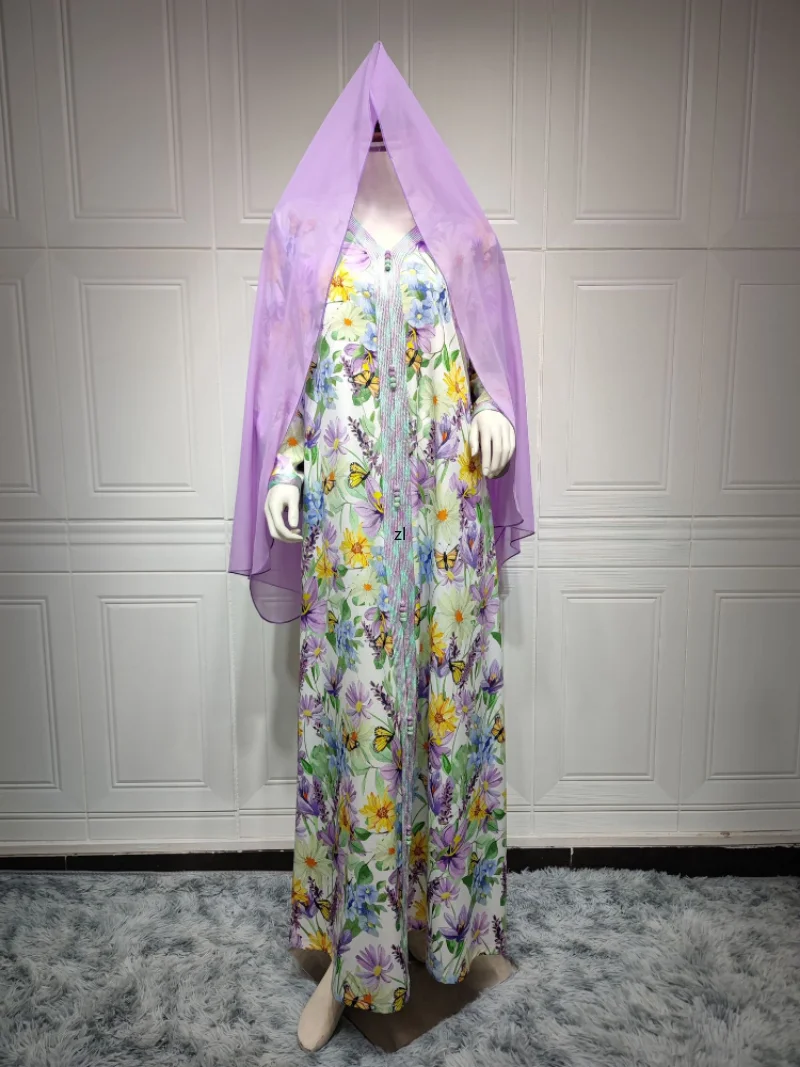 Eid Muslim Women Dress Abaya Morocco Party Dresses Abayas Elegant Ramadan Floral Prayer Long Sleeve Robe Musulman Maxi Vestidos