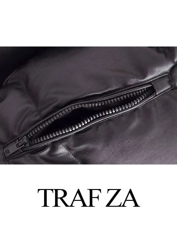 TRAF ZA Winter Women's Clothing Pu Faux Leather Hooded Cotton Coats Zipper Pocket Jacket Solid Vintage Warm Female Outerwear