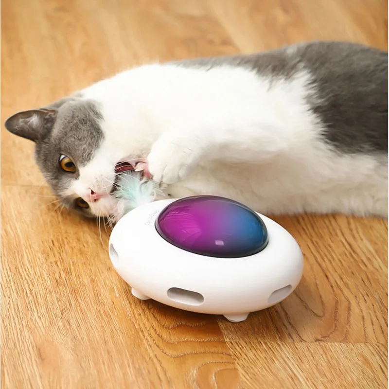 

Electric Cat-teasing Turntable Pet Toy Self-cleaning Feather Stick UFO Interactive игрушки для кошек Kocimiętka