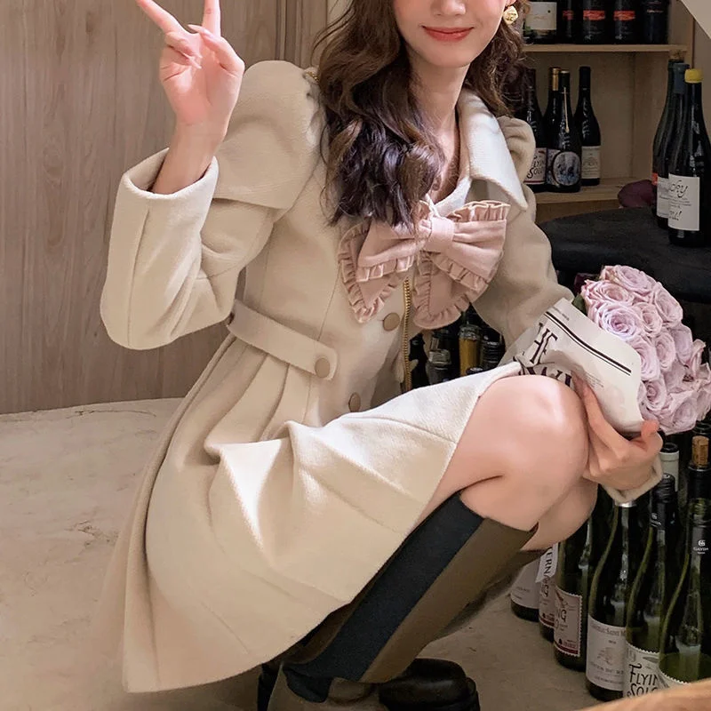 

Rachel Wool Retro Dress Women Korean Fashion Bow Patchwork Party Mini Dress Female Casual Vintage One Piece Dress