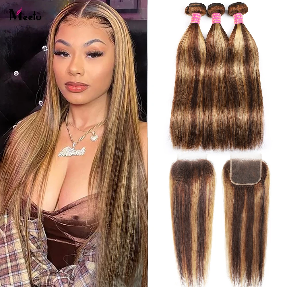 Meetu Highlight 5X5 Closure With Bundles Straight Bundles With Closure P4/27 Ombre Human Hair Bundles With Closure Remy Hair