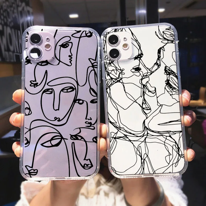 

Geometric Art Line Face Phone Case for IPhone 11 12 13 X XR XS Pro SE2020 6S 7 8 Plus Transparent Abstract Iphone Case