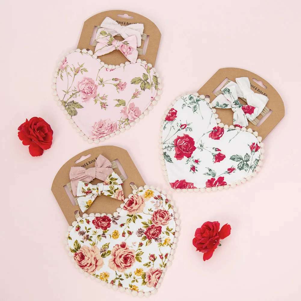 

3Pcs/Set Baby Flower Bibs Bow Headbands I Love Mom Heart Saliva Towel Photography Props Kids Hairbands Double Side Burp Cloths