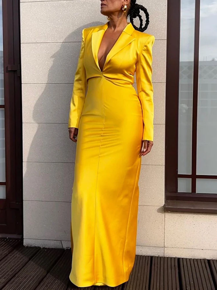 

Women Long Suit Dress Satin Notched Lapel Deep V Neck Split Dress Long Sleeve Fall Winter party business clothes
