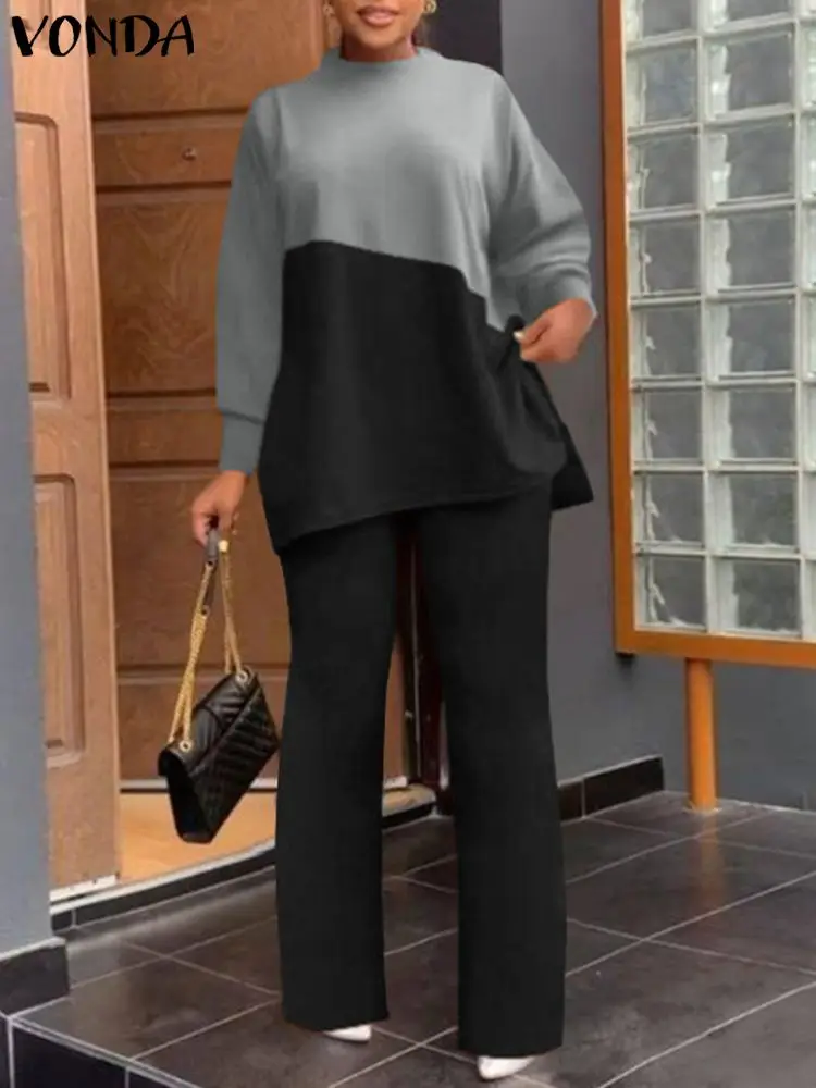 

VONDA Autumn Winter Pant Sets 2023 Fashion Women Stand Collar Color Patchwork Tops and Wide Leg Pants Casual 2pcs Suits Sets