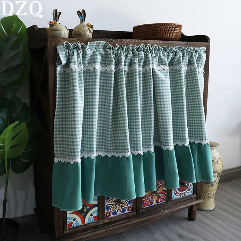 

Linen and Cotton American Retro Checkered Stitching Short Curtains Rural Lattice /Plaid Lace Half Curtains Cloth Kitchen #A227