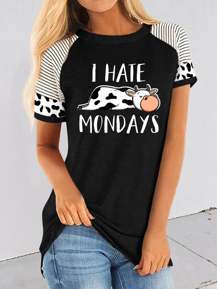

Funny Graphic T-shirt I Hate Mondays Cow Casual Striped Raglan Sleeve Blouse Cute Cattle Print Shirts Country Western Farm Tees