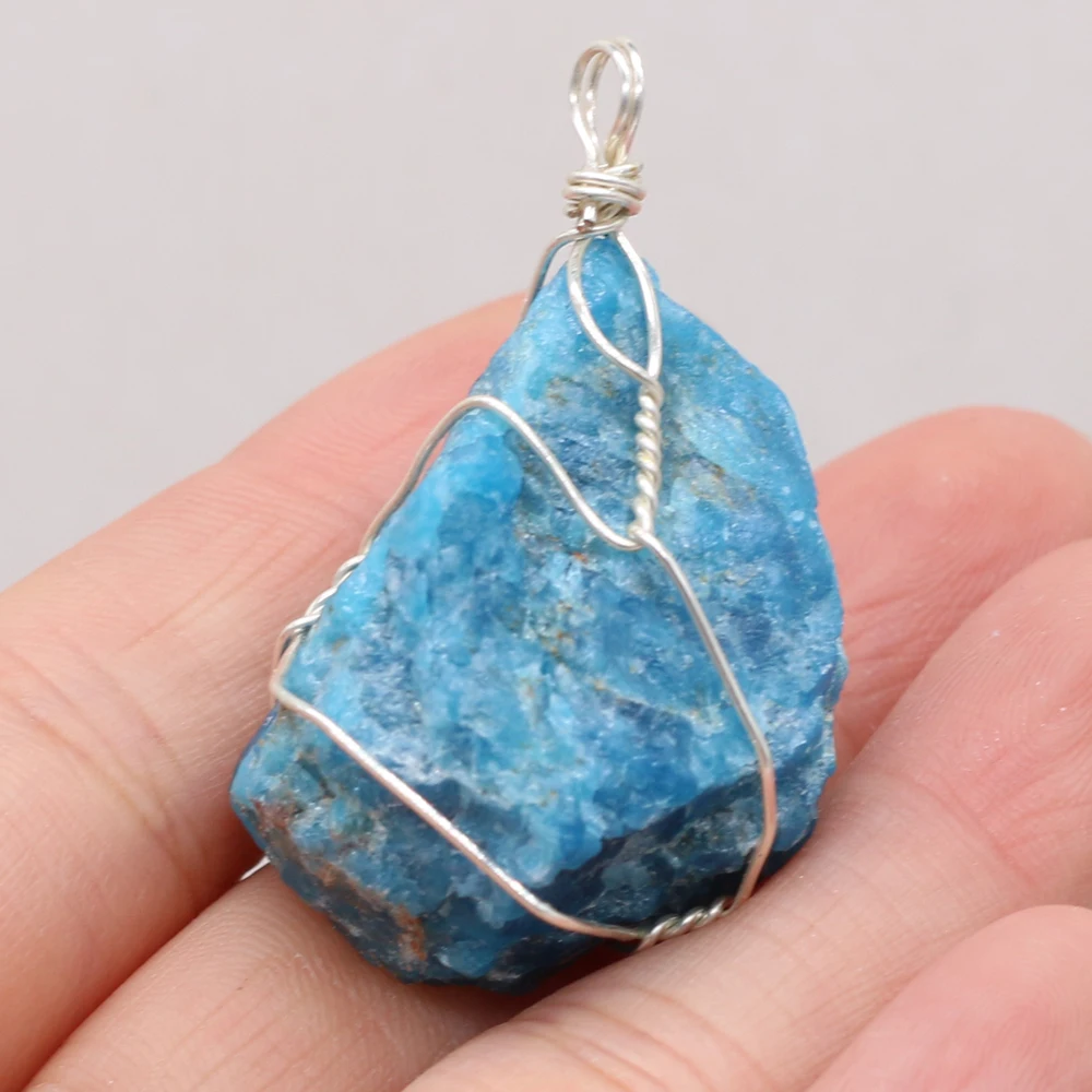 

Natural Blue Stone Charms Necklace Pendant Irregular Wire Wrap Gemstone Pendant For Women Jewelry Making DIY Necklace Gift