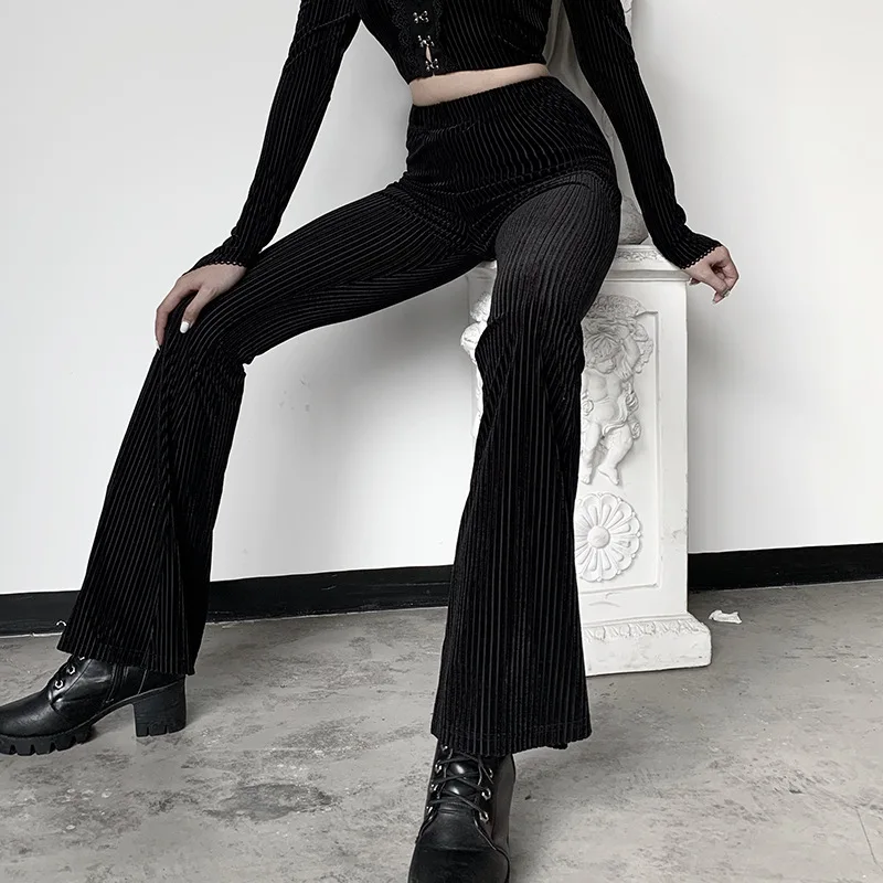 

Black Suede Ribbed Flare Pants Lady Casual Sexy Fashion Casual High Waist Slim Fit Trousers Women Elegant Streetwear Leggings
