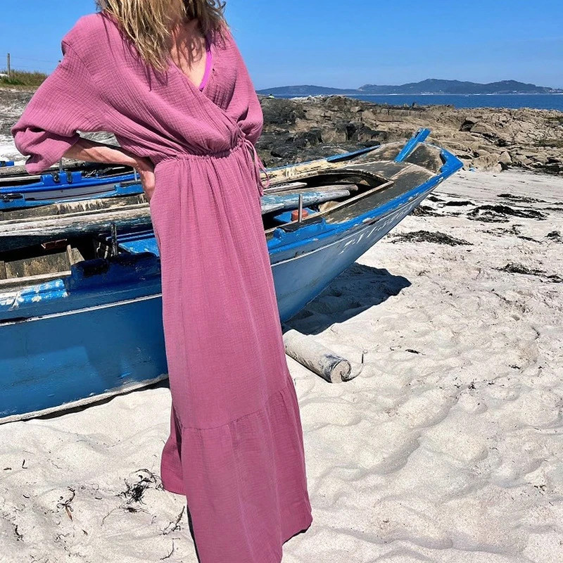 

2022 Autumn Women Casual Solid Color Long Dress Fashion Long Sleeve V-Neck Lace-up Waist Dress Ladies Loose Draped Linen Dresses