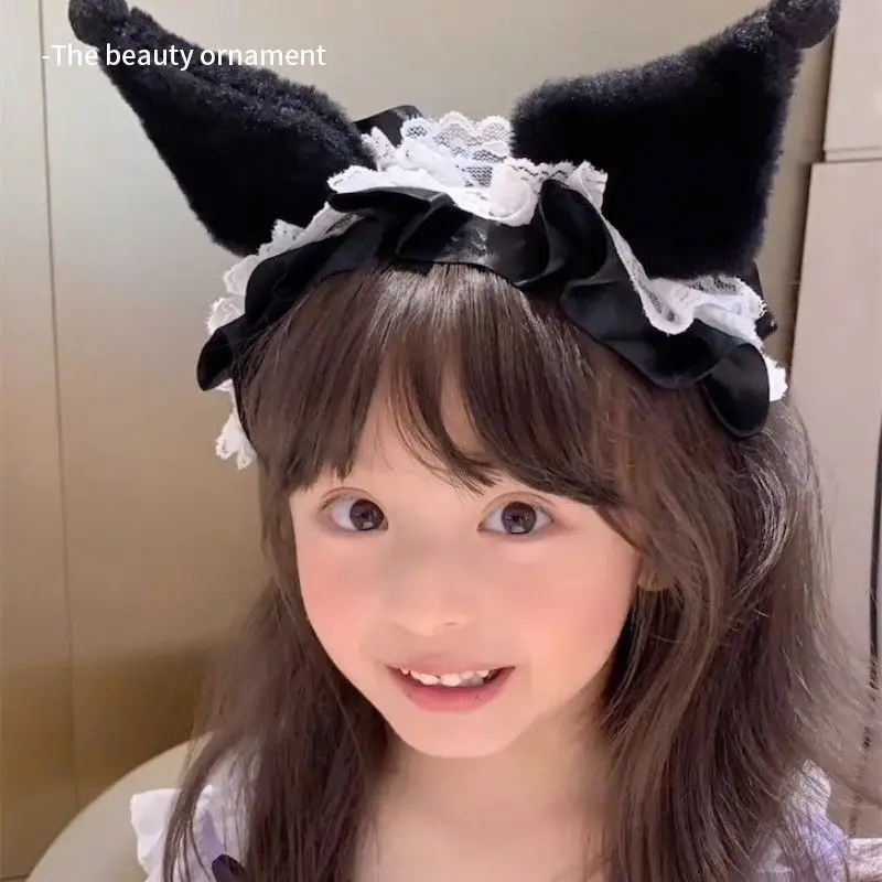 

Милый Бант Sanrios Kuromi Lolita, мультяшный ободок для волос, милая и Милая Кружевная Регулируемая заколка для мытья лица, повязка на голову с кошачьими ушками