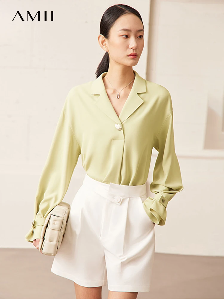 AMII Minimalism Fashion Woman Blouse 2023 Spring New Shirts & Blouses V Neck White Female Elegant Tops Women's Shirt 12341138