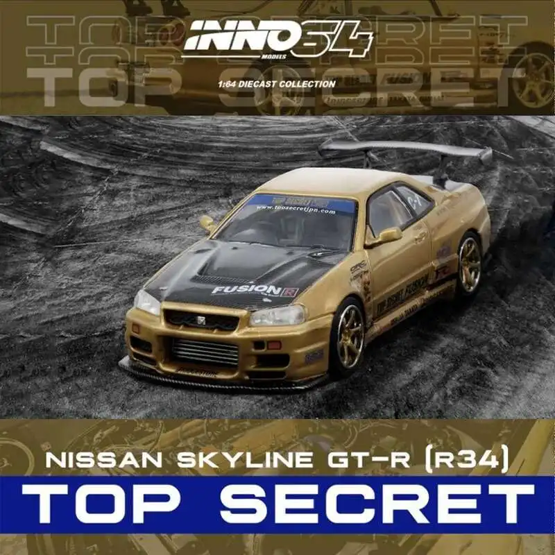 Фото INNO в наличии 1:64 TOP SECRET Nissan Skyline R34 GTR Золотая литая диорама Коллекция моделей автомобилей Миниатюрные игрушки №1