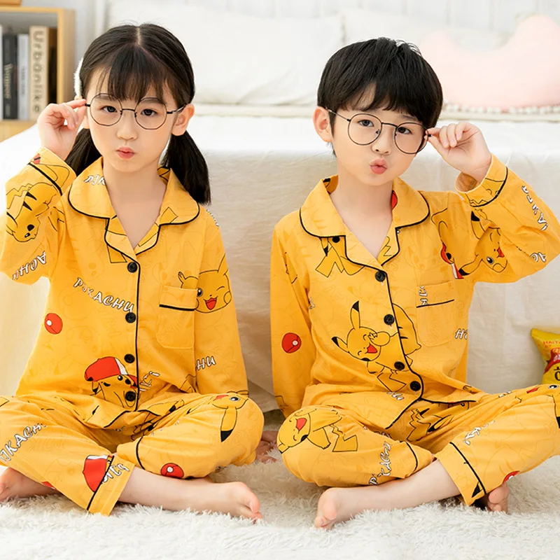 

Детский пижамный комплект из аниме Покемон Пикачу, весенняя и осенняя Пижама, тонкая красная домашняя одежда для девочек и мальчиков