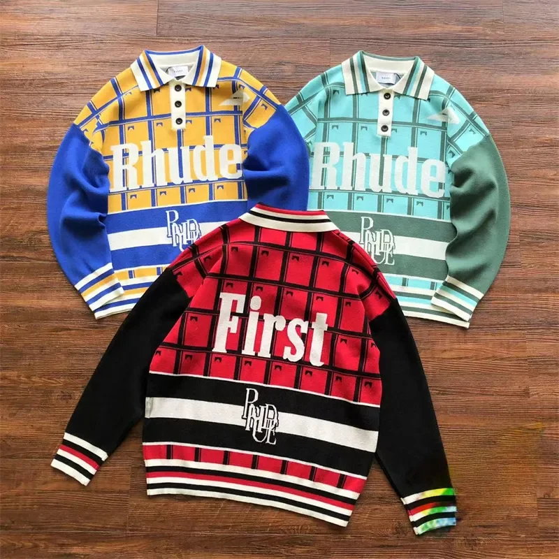 

new Rhude jacquard plaid sweater for men's women, high-quality casual loose knit sweatshirt, premium wear