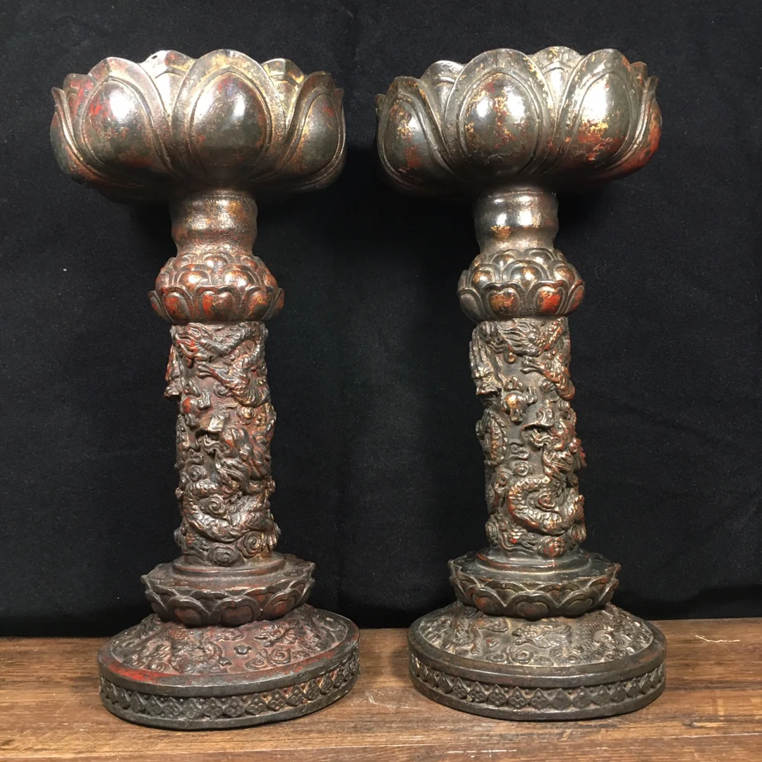 

11" Tibetan Temple Collection Bronze Cinnabar mud gold Double Dragons Playing Pearls lotus Candle stand a pair candlestick