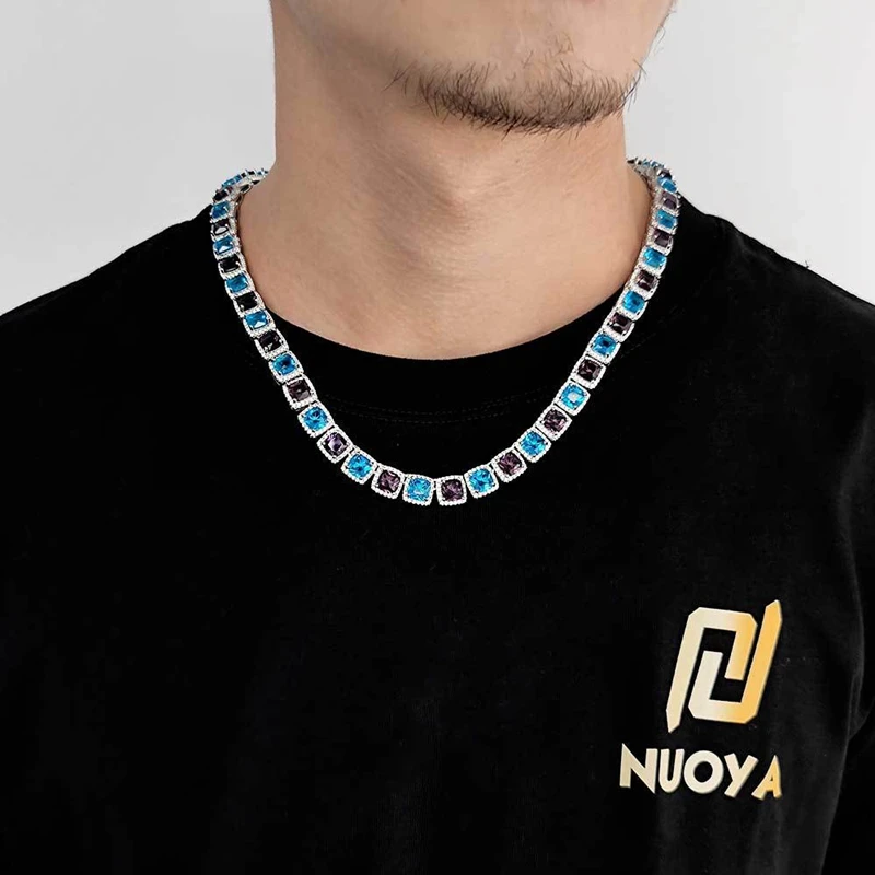 

MYFEIVO Fashion 10mm Colorful Rock Sugar Zircon Design Square Diamond Tennis Chain Hip Hop Men's Necklace Jewelry XXY0141
