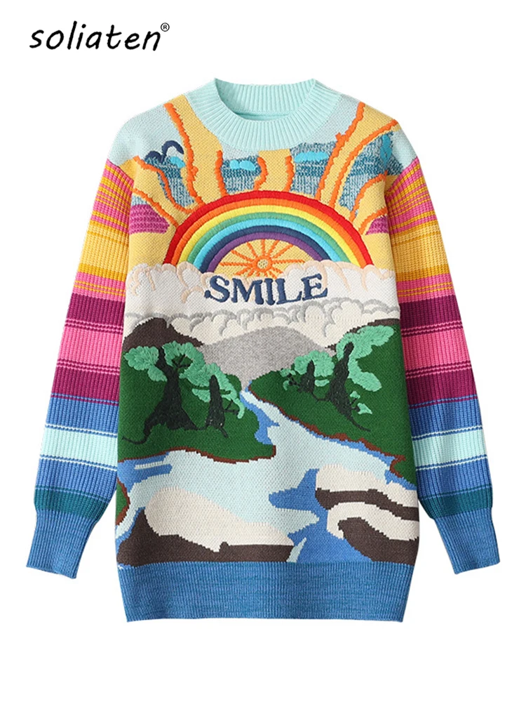 

Oversized Sweater Women 2022 Fashion Rainbow Striped Embroidered Letters Knitted Pullovers Loose Casual Streetwear Tops C-119