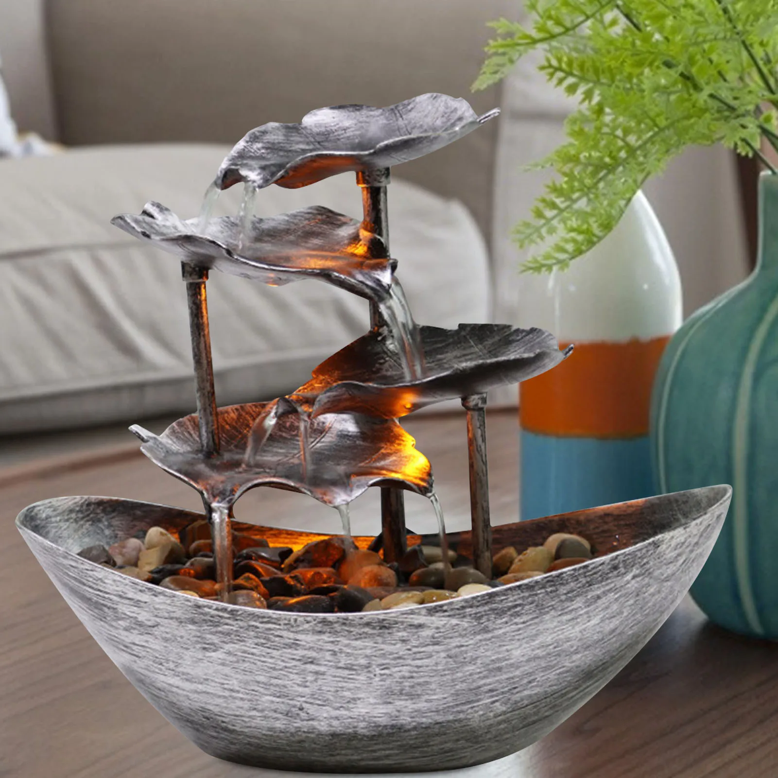 Настольный водяной фонтан 4-ярусный небольшой USB-фонтан с листьями лотоса