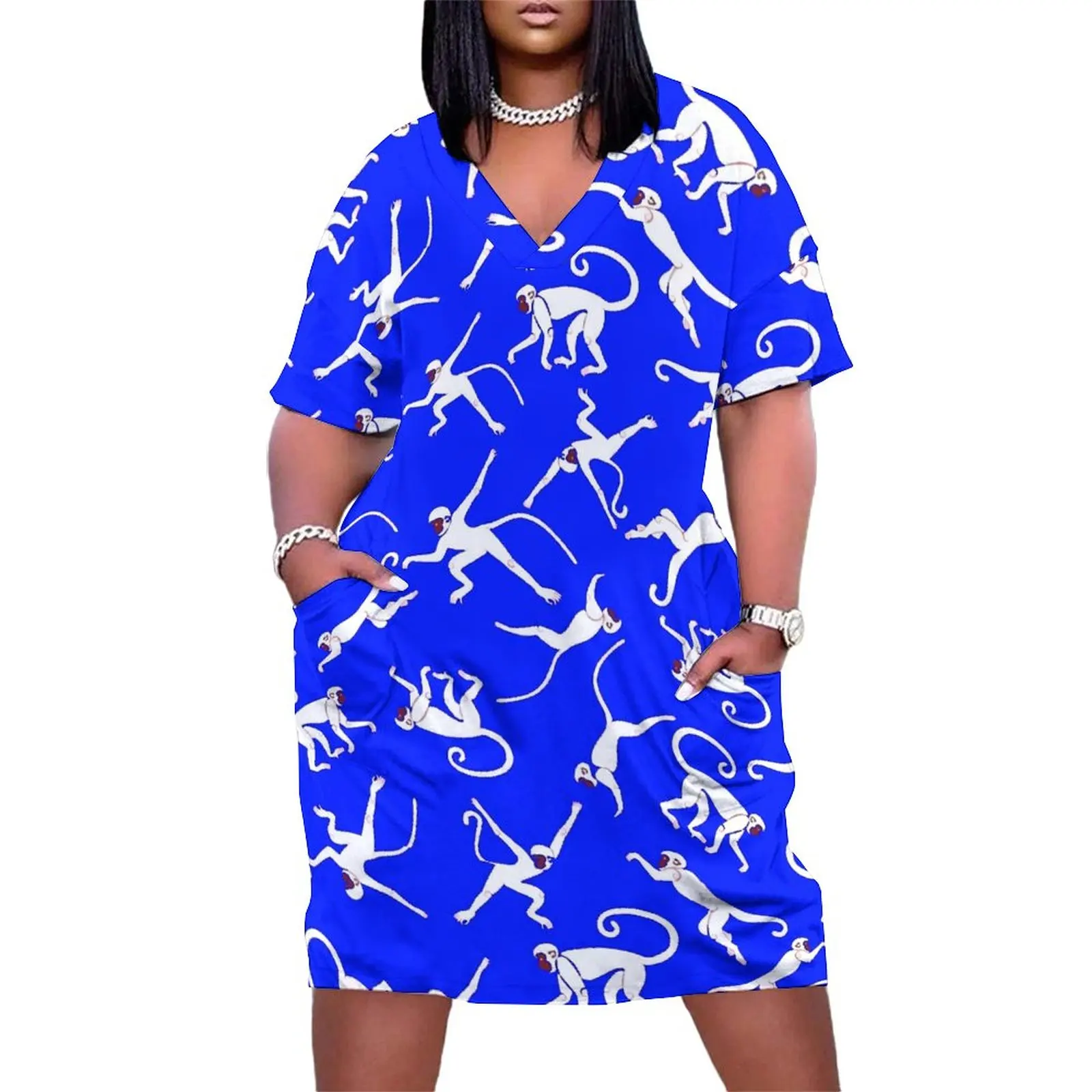 

Monkey Print Dress V Neck Blue and White Sexy Dresses Female Streetwear Graphic Casual Dress With Pockets Plus Size 4XL 5XL