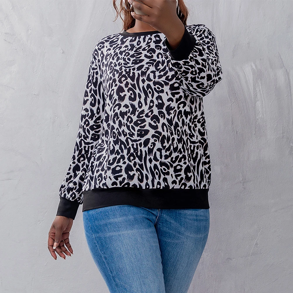 2022 New Fashion Plus Size Women Autumn Leopard Print Fashion Leopard Print Round Neck Long Sleeve T-Shirt Casual Top L-3XL 4XL