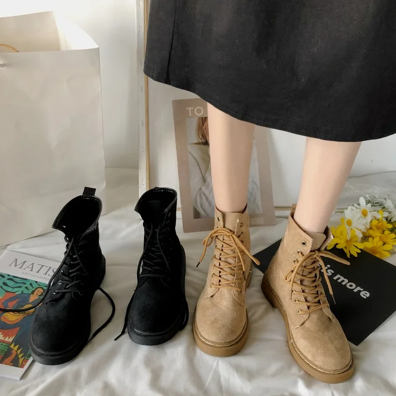 England Platform Boots for Women Spring Autumn 2022 New Fashion Retro Flock Ankle Square Heel Lace-up Shoes Woman Boots
