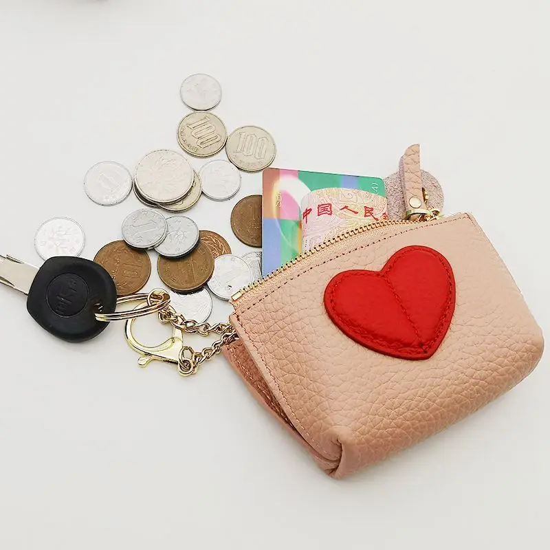 Genuine 100% Cow Leather Heart Coin Purse Key Holder Ladies Cute Patch Small Wallet pouch key holder coin bag wallets women Purs