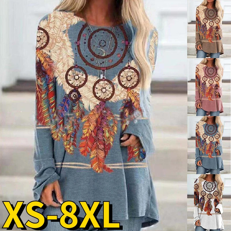 

Autumn Oversized Vintage Patterns Everyday Loose Tops Women Print Top Fashion Long Sleeve Casual Simple Wind T-shirt Round Neck