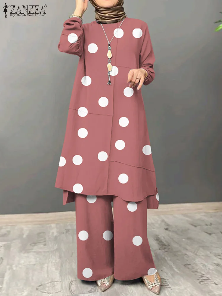 

ZANZEA Bohemian Female Blouses Elastic Waist Pantsuits 2023 Autumn Polka Dots Tracksuits Women Casual Printed Matching Sets