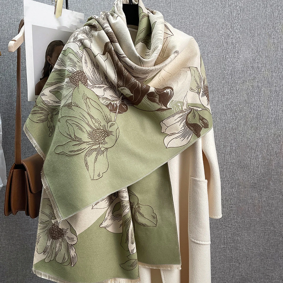 Женский Кашемировый Шарф С Цветочным Узором Теплый Утолщенный Яркий Милый Для