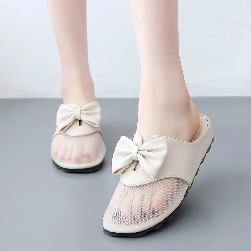 Slippers Women's 2023 New Summer Outer Wear Flat Heel Hollow Mesh Bow Women's Sandals