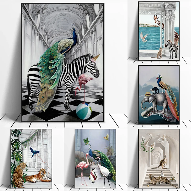 

Animal World Canvas Print Picture Peacock Zebra Elephant Modern Wall Art Painting Abstract Poster for Living Room Home Decor