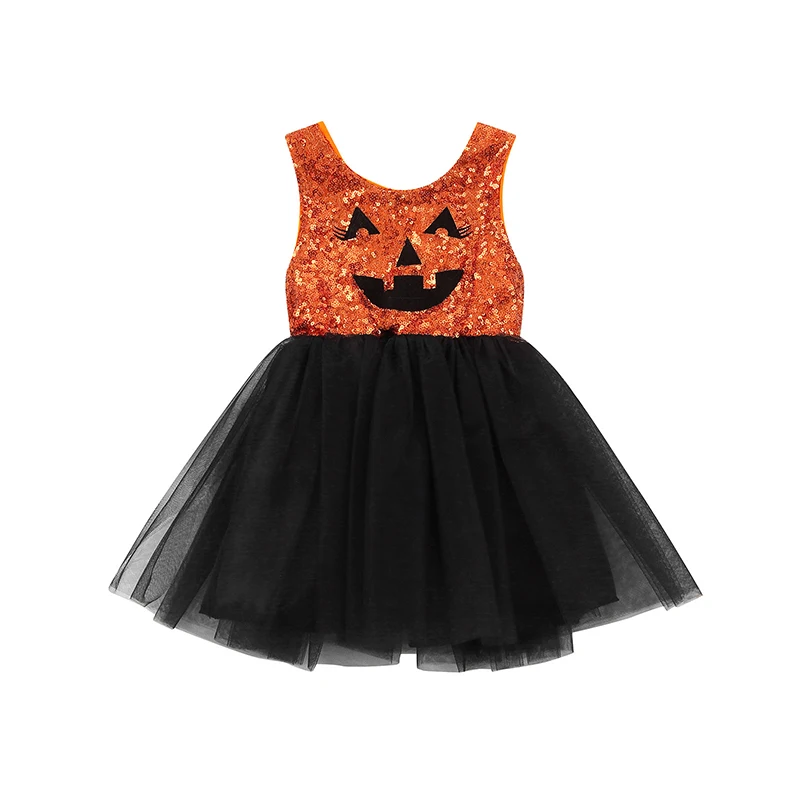 

Halloween Costume foe Baby Girl Dress Children Sleeveless Sequins Pumpkin Pattern Round Neck Mesh Hem Cake Gown 1-4T