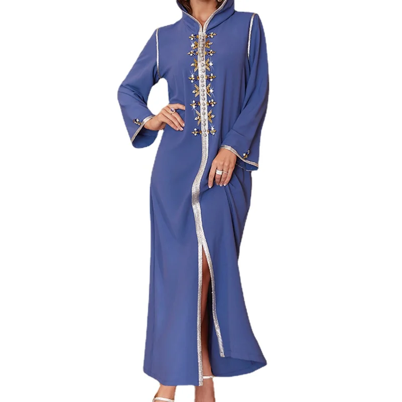 

Arab Galabiyas For Women Robe Femme Vintage Hooded A-Line Dress Diamond V-Neck Long Sleeve Kaftan Abaya Ramadan Eid