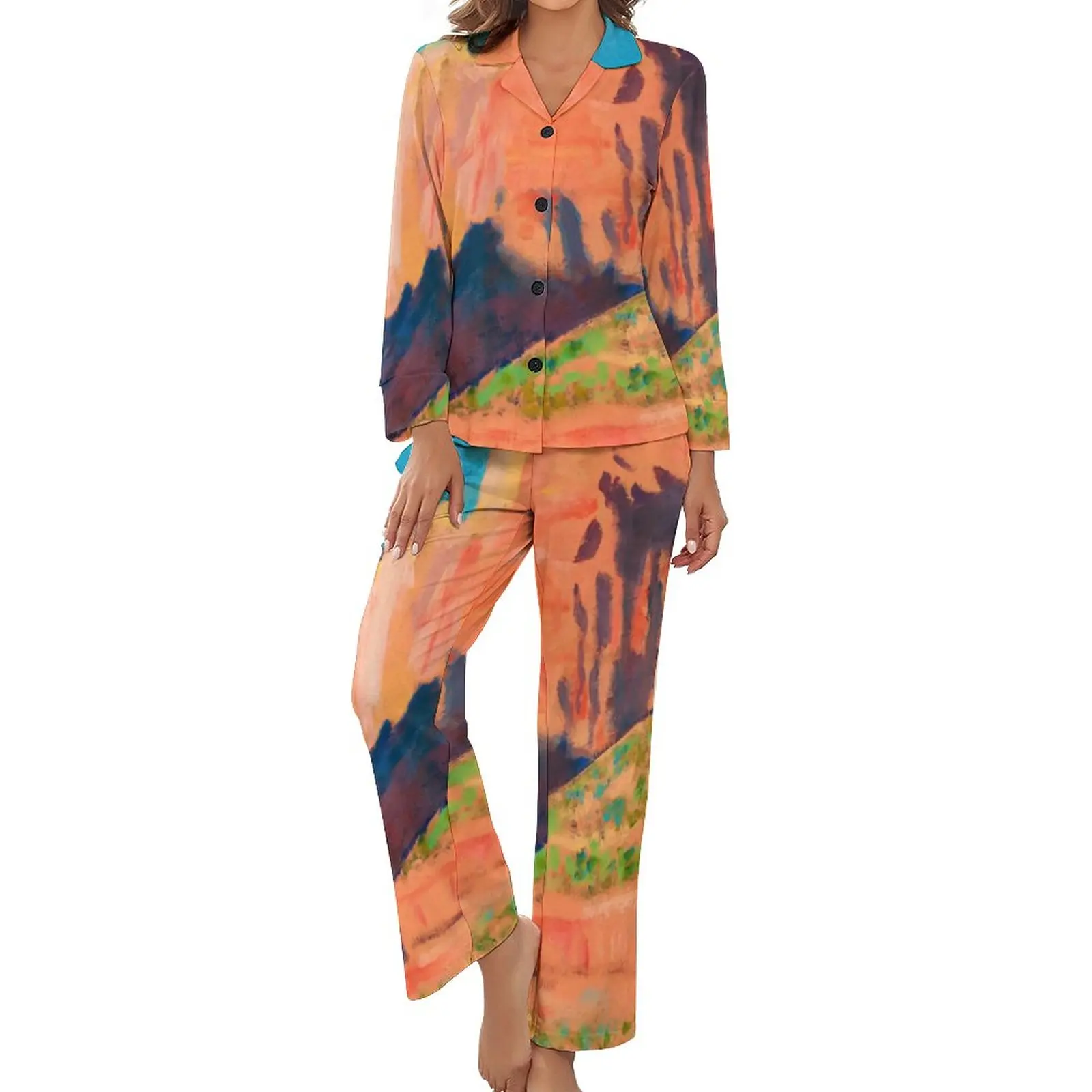 

Mountain Print Pajamas Women National Park Cute Nightwear Spring Long-Sleeve Two Piece Casual V Neck Graphic Pajamas Set
