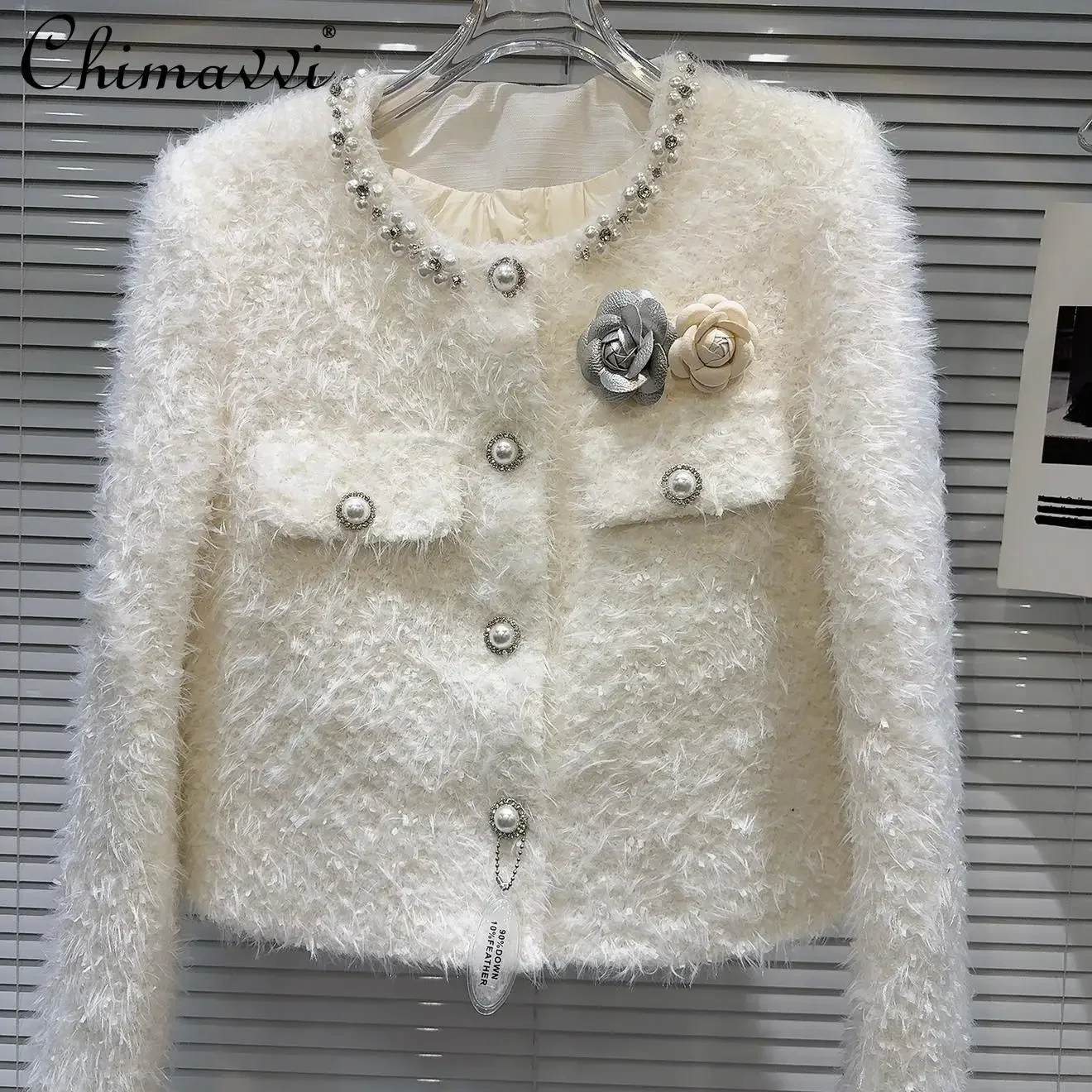 2024 зимняя новая французская модная шерстяная куртка с жемчужными пуговицами и