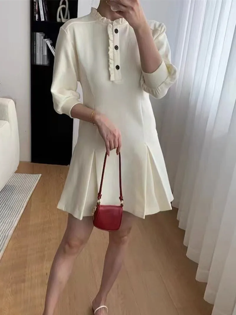 

Women Frill Trim Stand Collar Mini Dress 2022 New Sweet French Ladies Puff Sleeve A-Line Short Robes with Buttons