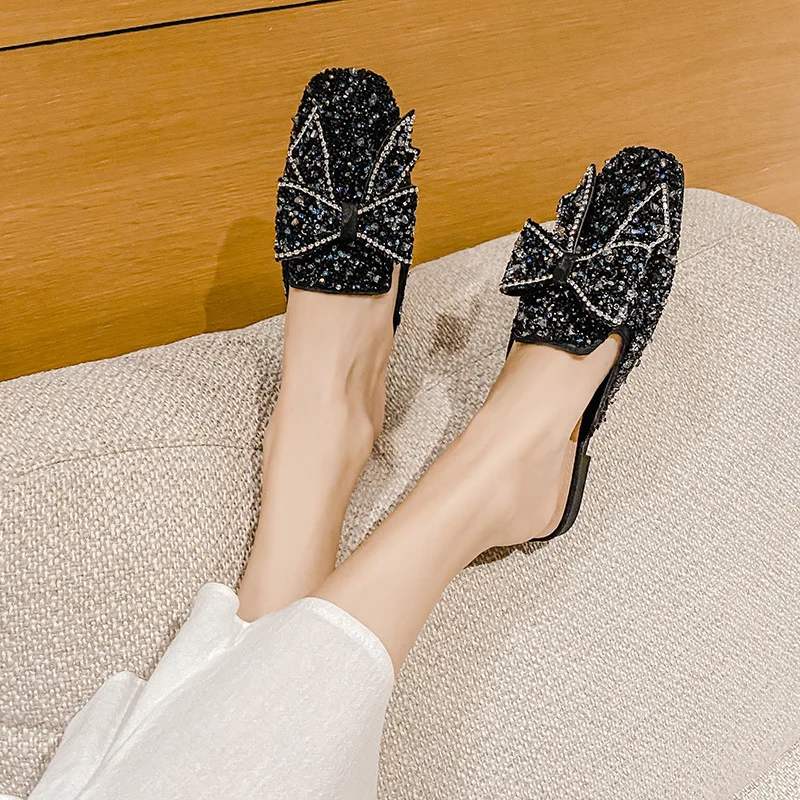Fashion Half Slippers for Women Wearing Bow Shaped Rhinestone Slides Sandals Summer Outings Flat Soled Mules Shoes Ladies Shoes