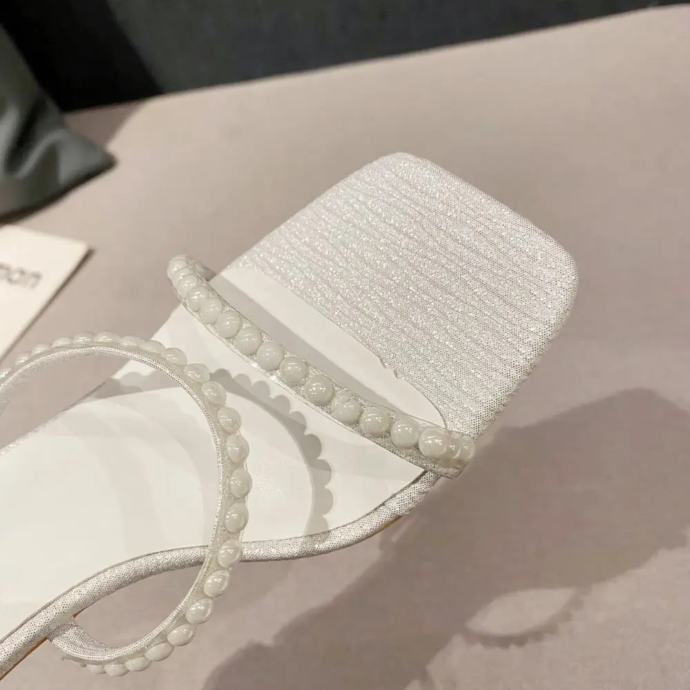 Xibeilove 2023 Summer Women's Wedding Bride Party Shoes Luxury Square Headed Rhinestone Pearl Wrapped Mid Heel Sandals