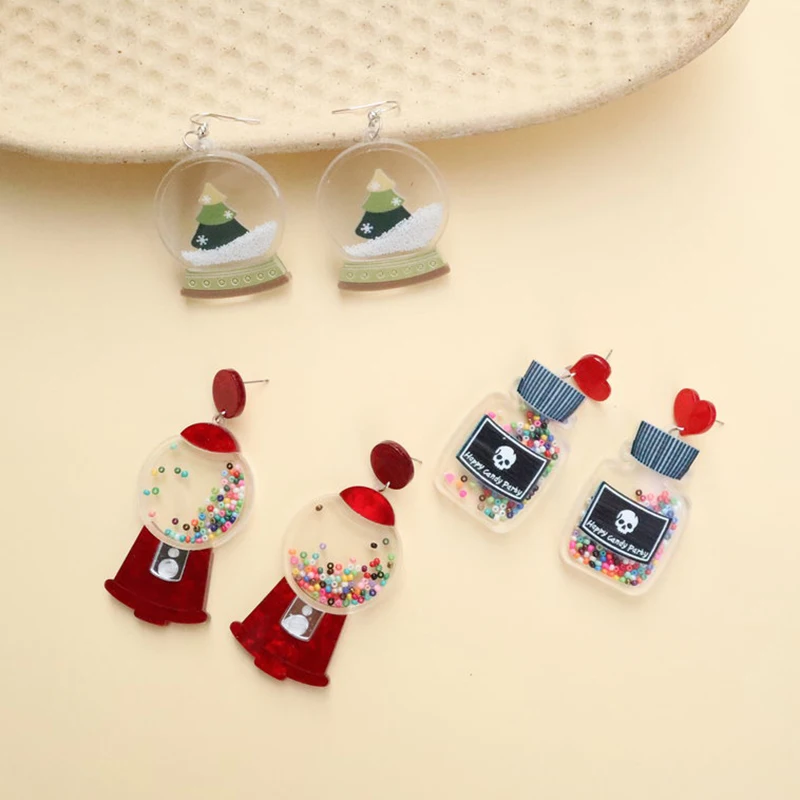 Funny Christmas Tree Snowflake Crystal Ball Acrylic Earrings For Women Cute Candy Box Gashapon Machines Drop Earrings Party