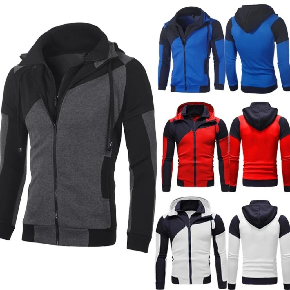 

New hooded men's personalized color matching double layer zipper hooded cardigan slim sweater