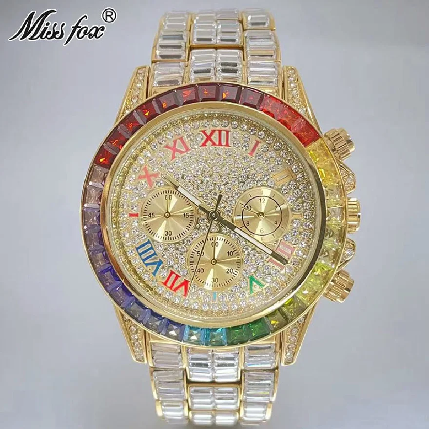 

Fashion Brand MISSFOX 18K Gold Hip Hop Watch For Mens Iced Out Waterproof Wrist Watches Rainbow Diamond Clocks Male Reloj Hombre